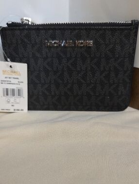 Michael Kors Black Signature MK Zip Card Case CoinPouch NWT